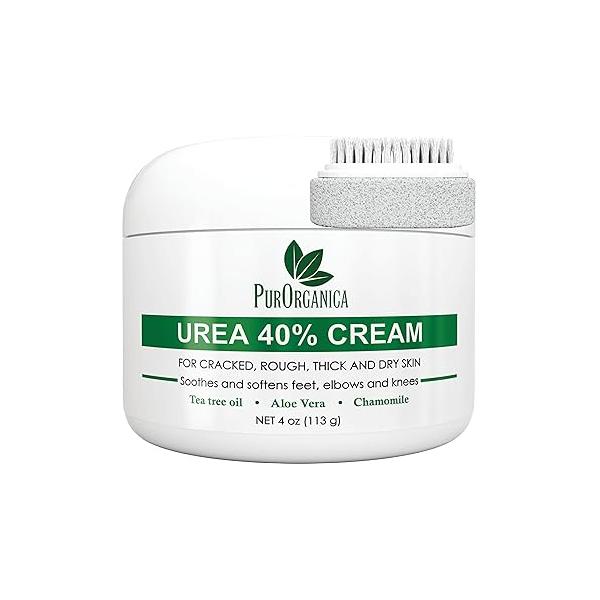 Urea 40% Foot Cream - Made in USA Callus Remover Moisturizes & Rehydrates Thick, Cracked, Rough, Dead Dry Skin For Feet, Elbows and Hands With Pumice Stone Brush