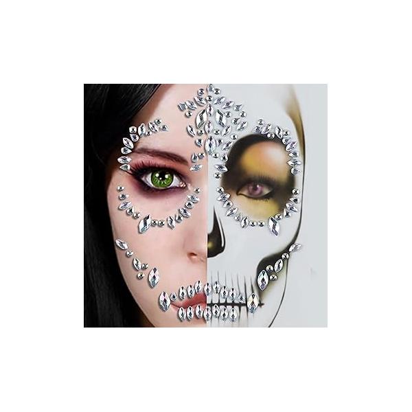 Day of the Dead Skull Face Gems Tattoo Sticker Purple Halloween Rhinestone for Women Girl, Skeleton Stickers Jewels Stick on Makeup Dia De Los Muertos 1PCS