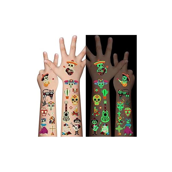 Day of the Dead Luminous Temporary Tattoos for Kids - 100 Pieces Glow In The Dark Stickers Boys and Girls,Sugar,Skeletons,Gemstones,Red Roses Face Makeup Set,Holiday Party Gifts