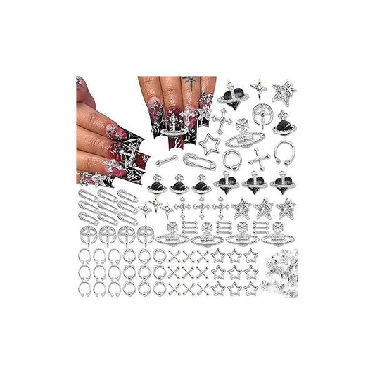 BELICEY 190PCS 3D Nail Charms - Silver Star Cross Planet Rivet Punk Cone Jewels for Acrylic Nails