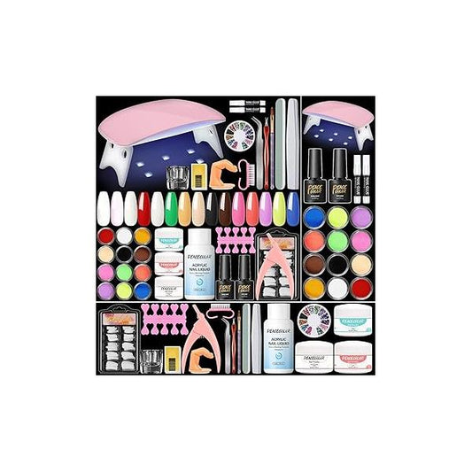 Acrylic Nail Kit for Beginners with Drill and U V Light 6 Colors Powder Clear Nude Pink 4PC Gel Polish 24PC Glitter Powders Rhinstones Nails Set Gifts Women