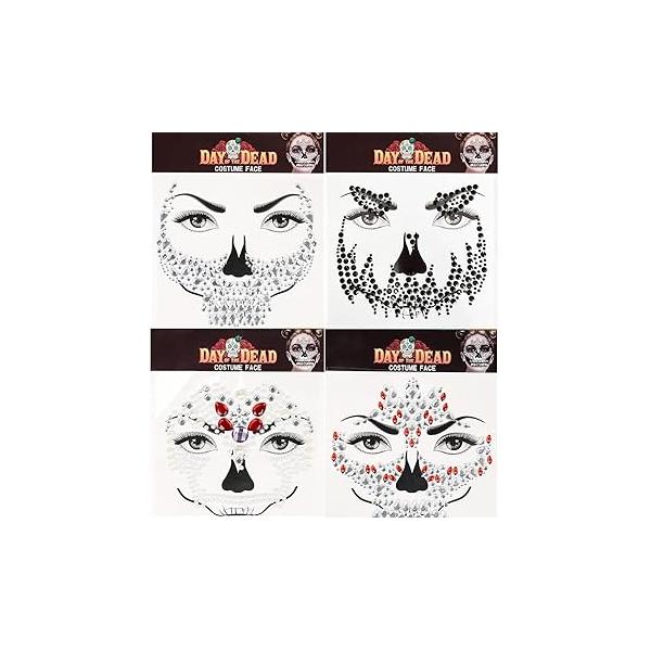 Rhinestone Face Jewels, 3-Pack Day of the Died Gems Halloween Temporary Tattoo, Stick on Hollowing Prank Makeup Costume