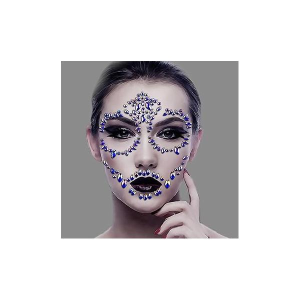 Day Of The Dead Temporary Tattoo Kit Skull Face Gems Jewels Tattoos Rhinestones For Men Women Kids Halloween Festival Rave Party Cosplay Makeup (White)