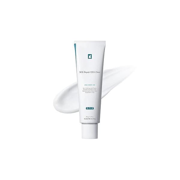 SOS Repair CICA Clinic Zinc Cream, 100,000ppm Oxide, Heal, Soothe Acne, Redness, Rosacea Treatment, Skin Barrier Repair, Moisture, Non-Comedogenic, Korean care, 50g, 1.76 oz.