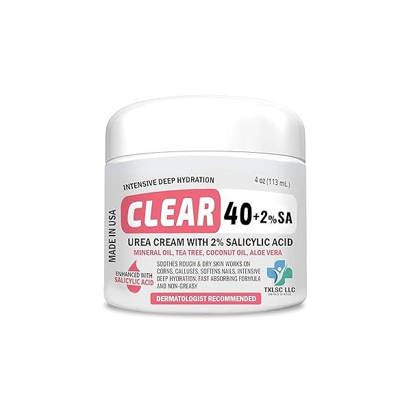 CLEAR Urea Cream 40 Percent Plus 2% Salicylic Acid (4oz) Made in USA | Foot & Hand Softens Cracked Heels Dry Skin with Tea Tree Coconut Oil - Callus Corn Treatment