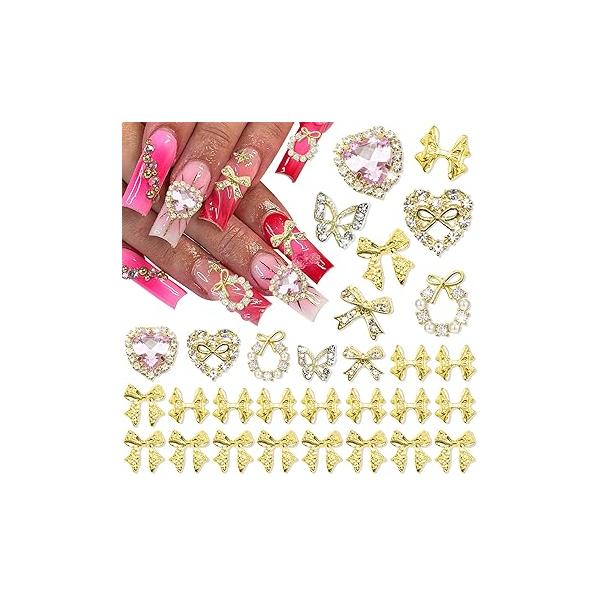 RODAKY 1000PCS Flower Nail Charms Silver Butterfly Art Jewelry Pink 3D for Nails Metal Butterflies Gems Resin Decoration Manicure DIY, Pink&White