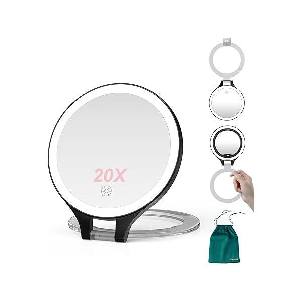 Mocado Travel Makeup Mirror with Light, 1X/20X Magnifying Double Sides 3 Color Dimmable Touch, 1500mAh Rechargeable Lighted Mirror(Pink)