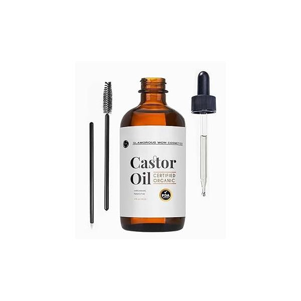 Castor Oil (2oz) USDA Certified Organic, 100% Pure, Hexane Free Stimulate Growth for Eyelashes, Eyebrows, Hair. Lash Serum. Brow Treatment. FREE Mascara Starter Kit by GLAMOROUS WOW