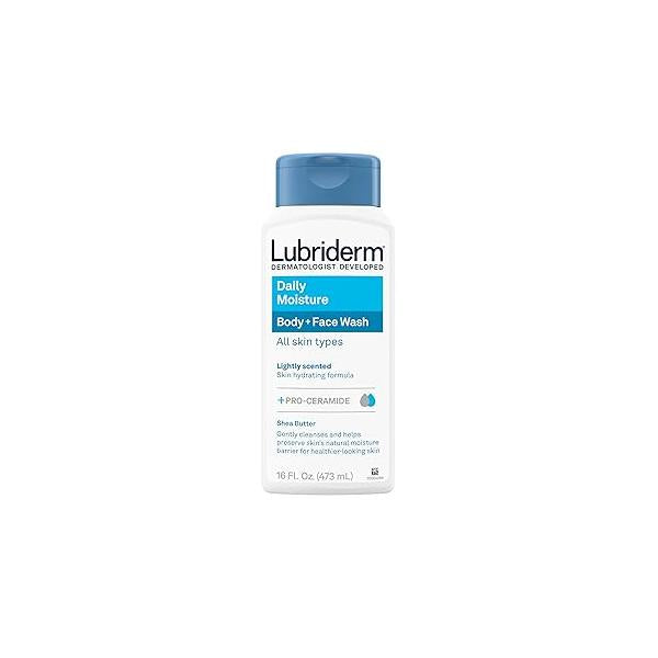 Lubriderm Daily Moisture Body + Face Wash, Hydrating Wash Moisturizing Facial Cleanser with Pro-Ceramide & Shea Butter to Gently Cleanse, Light Fragrance Hypoallergenic, 16 fl. oz