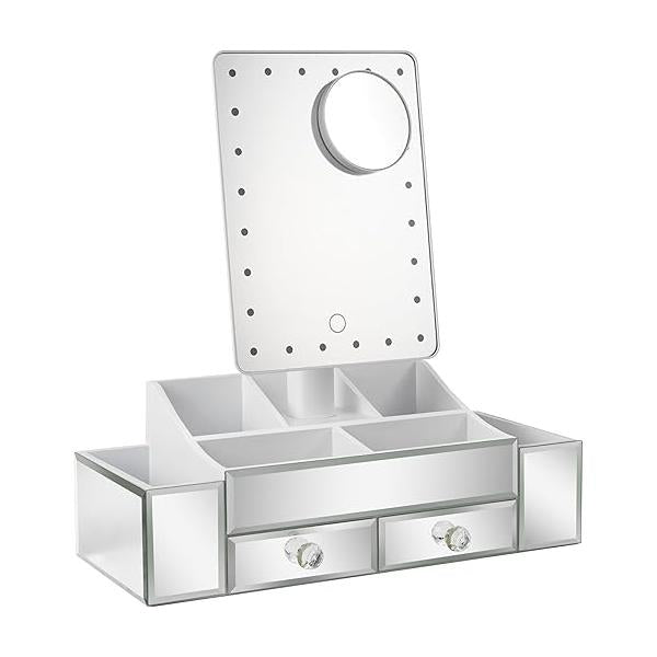 Star Vision 3-in-1 Lighted Makeup Mirror with Large Organizer & 2 Jewelry Drawers, Dimmable 6,000K Cool White Light, Luxury Crystal Diamond Effect Surface, Includes a 10X Magnification