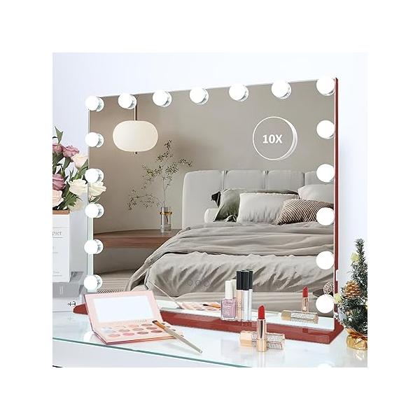 HOMPEN Hollywood Vanity Mirror Makeup with Lights, Touch Screen, 3 Color Modes Frameless Tabletop 17 Dimmable Bulbs, Red