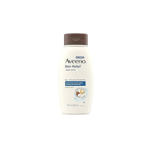 Aveeno Skin Relief Body Wash with a Gentle Coconut Scent & Triple Oat Formula, Daily Cleanser for Sensitive Leaves Itchy, Dry Feeling Soothed Moisturized, Soap-Free, 18 fl. oz