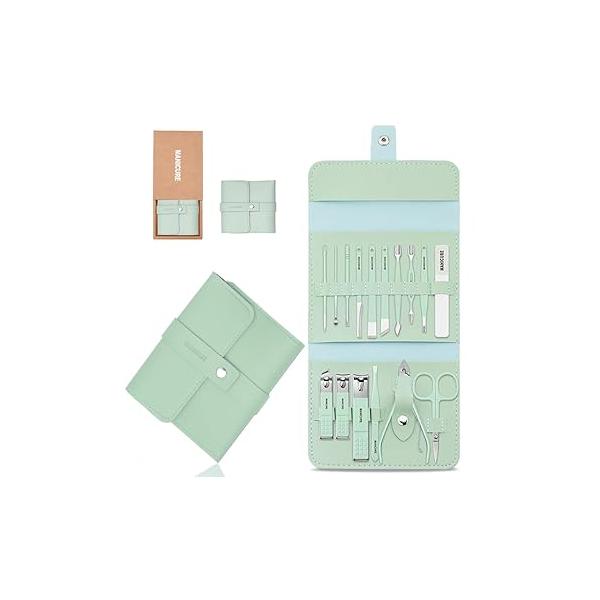 Manicure Pedicure Set Professional Nail Clipper Kit - 16 Pieces Stainless Steel Care Tools with Luxurious Portable Travel Leather Case for Men Women Gift Green