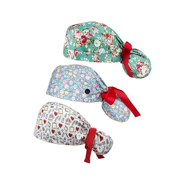 Surgery Cap Bouffant Caps Working with Buttons and Ribbon Tie for Women, Long Hair