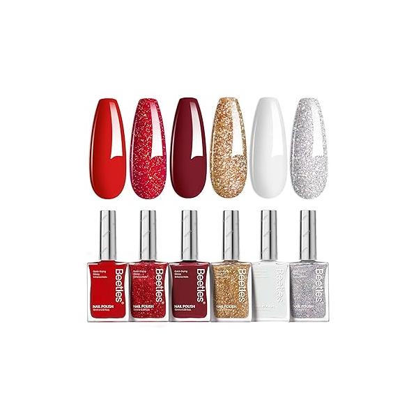 Beetles Glitter Nail Polish Set, 6 Color Silver Pink Gold Red Brown Black Quick Air Dry Natural Elegant Lacquer Manicure DIY Art Salon Gifts For Women