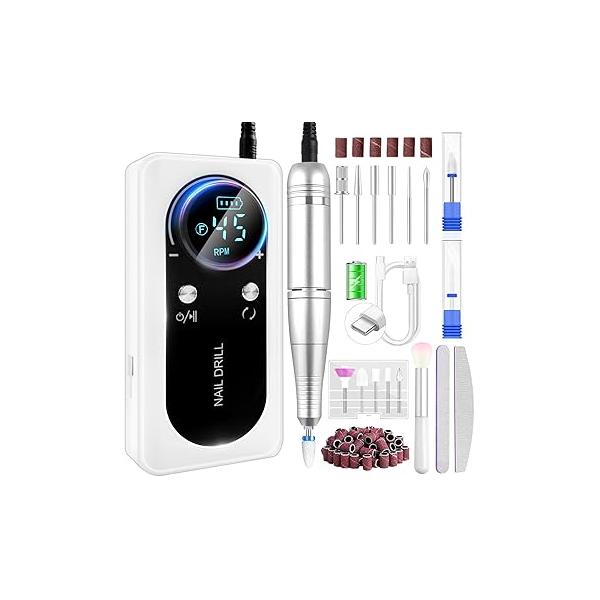 Portable Electric Nail Drill LEDSUUEI: 45000 RPM Professional File Machine for Acrylic Nails Gel Polishing Removing, Manicure Salon Home,Pink