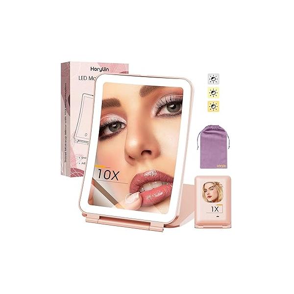 Travel Makeup Mirror with Lights and Magnification, 10X/1X Magnifying Vanity 3 Colors & Brightness Adjustable, 2000 mAh Rechargeable Lighted Compact Mirror, Women Gift(Pink)