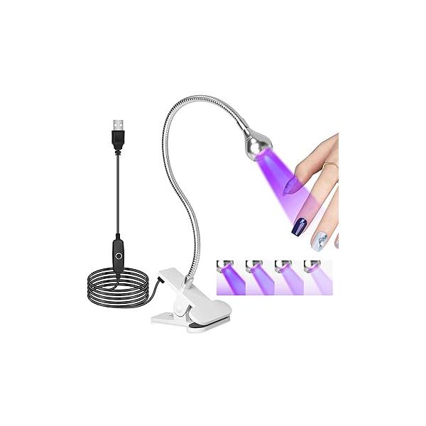 UV Nail Lamp - Light for Gel Nails, LED Gooseneck Flash Cure Manicure Dryer Black with Clamp, 365+395nm Wavelength 5V 3W 4 Levels Dimming
