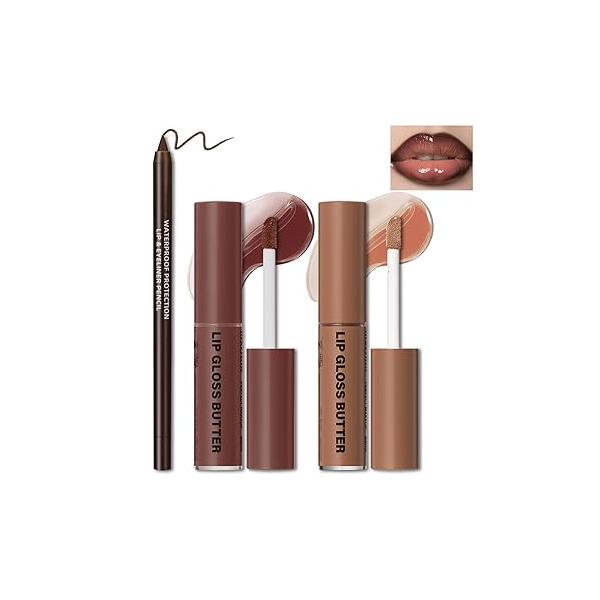 2 Colors Nourishing Lip Gloss Hydration Non-Sticky Plumping Kit for Women, Natural Nude Tinted Glow Oil Moisturizing Lightweight Long Wear Shiny Liquid Lipstick with Liner Combo