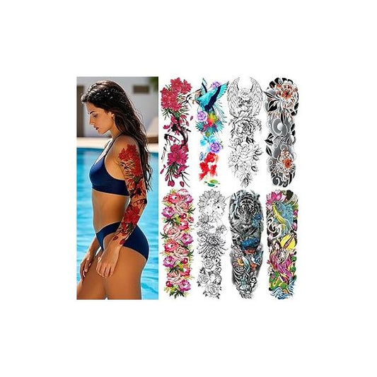 8 Sheets Full Arm Temporary Tattoos for Adults, Waterproof Realistic Flower Bird Feather Fake Sleeve For Women and Men, Tiger Fish Tattoo Set Hand Body Art Party Celebration Cosplay
