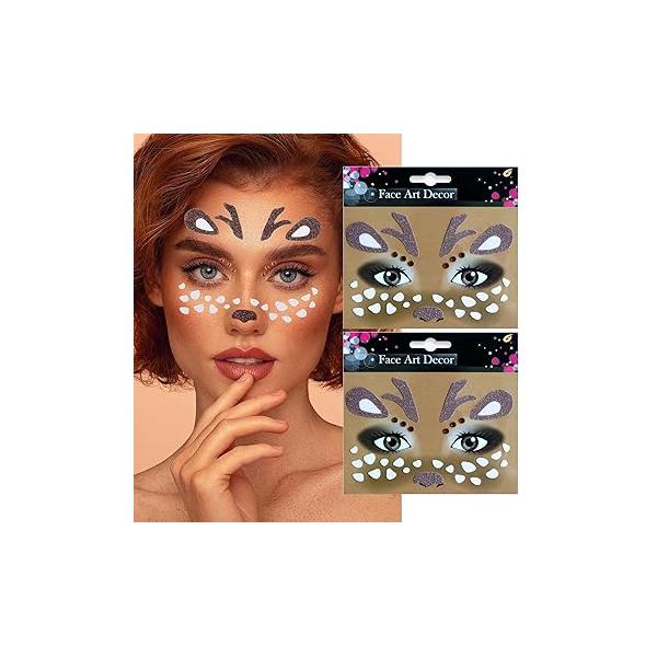 Unicorn Fake Tattoos Glitter Cartoon Face Temporary Cute Red Pink Hearts Jewels Tattoo Stickers for Adults Kids Christmas New Year Eye Makeup Kit Decor Supplies 2Pcs