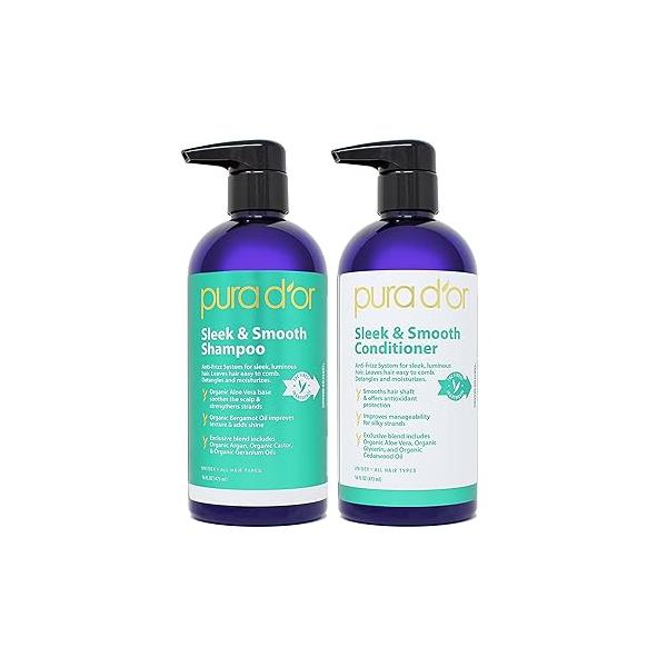 PURA D'OR Sleek & Smooth Shampoo and Conditioner Set For Frizz-Free Silky Hair, Infused with Organic Aloe Vera, Argan Oil, Castor Bergamot Oil Geranium
