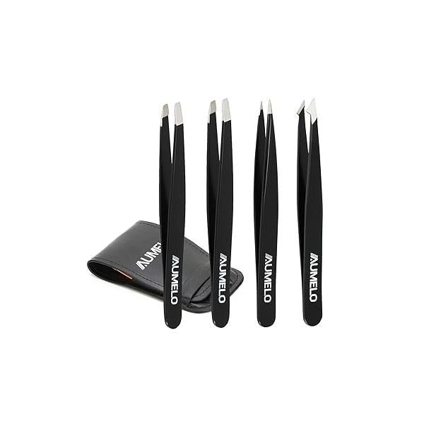 Tweezers Set 4-Piece Professional Stainless Steel Gift with Travel Case by Aumelo - Best Precision Eyebrow and Splinter Ingrown Hair Removal Tweezer Tip,No Colored & Chemical Free