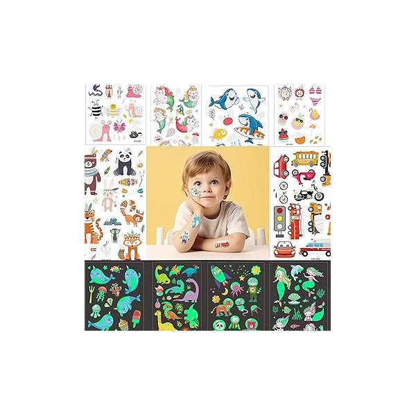 Glow-in-the-Dark Kids Temporary Tattoos Kit Scar, Fake Stencils Face Waterproof Tattoo Stickers Party Favors DIY Art Painting for Women Men-16 Sheets