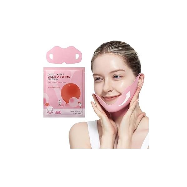 ROUND LAB Camellia Deep Collagen V Lifting Gel Mask 4EA | Double-chin Mask, Instant Cooling & Depuffing, Face Toning Belt, V-line, Improves Sagging Skin, Firming 10g/0.35oz