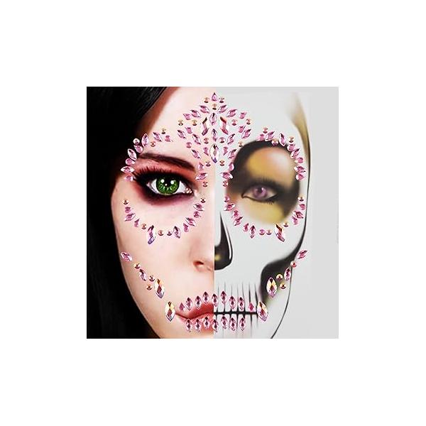 Day of the Dead Skull Face Gems Tattoo Sticker Purple Halloween Rhinestone for Women Girl, Skeleton Stickers Jewels Stick on Makeup Dia De Los Muertos 1PCS