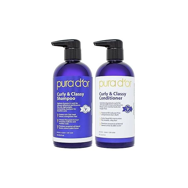 PURA D'OR Curly & Classy Shampoo Conditioner Set for Defined Curls - Nourishing Formula with Argan, Castor, Geranium, Coconut Kukui Seed Oils
