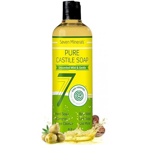 Pure Castile Soap - No Palm Oil, GMO-Free Gentle Liquid For Sensitive Skin & Baby Wash All Natural Vegan Formula with Organic Carrier Oils (8 Fl Oz, An Unscented)