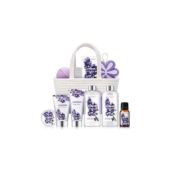 Spa Gift Baskets for Women - Body & Earth 11pcs Lavender Sets with Bubble Bath, Shower Gel, Lotion, Birthday Gifts Women, Kit Mom Gifts, Purple