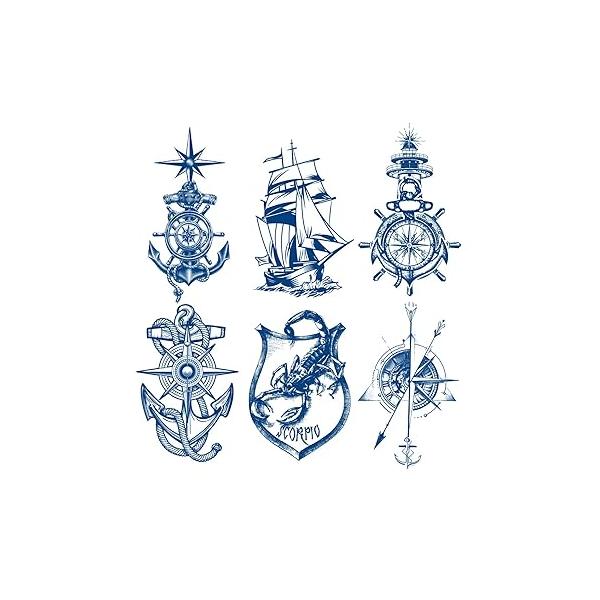 6 Sheets Semi Permanent Fake Waterproof Temporary Tattoo Adult Body Art Long Lasts 1-2 Weeks, Animal Set Peacock Lion Koi Carp Tiger Owl Dragon Deep Blue, Realistic Sticker