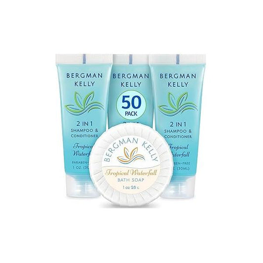 BERGMAN KELLY Round Soap Bars, 2in1 Shampoo & Conditioner 2-Piece Set (Tropical Waterfall, 1 oz each, 100 pc), Delight Your Guests with Revitalizing Refreshing Sanitary Toiletries Hotel Amenities