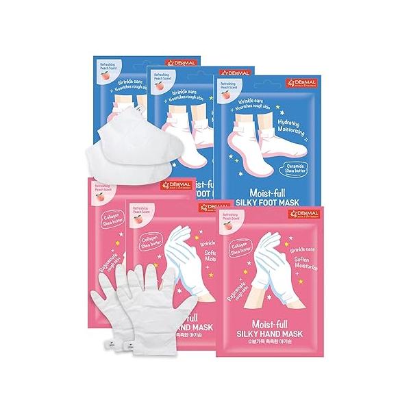 DERMAL Moistfull Silky Foot Socks & Hand Gloves Mask Combo 6 Pack - for Dry Feet and Hands Home Spa Treatment Dermatologist Tested, Cruelty Free, Korean Beauty