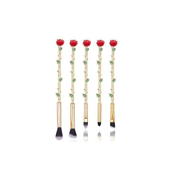 Rose Eye Makeup Brush Set - 5pcs Wand Brushes with Soft Synthetic Fiber and Metallic Handle for Eyebrow, Eyeshadow, Foundation, Blending Lips, Great Gift Sister Girlfriend, Gold