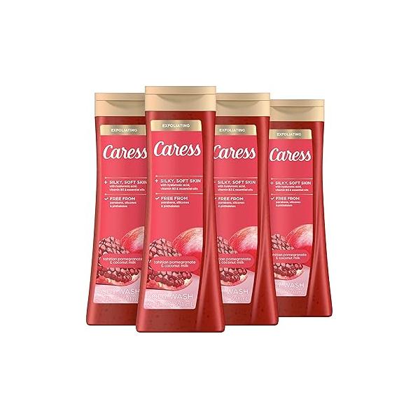 Caress Body Wash for Women, Tahitian Pomegranate & Coconut Milk, Exfoliating Shower Gel Renewed, Glowing Skin, 20 fl oz, 4 Pack