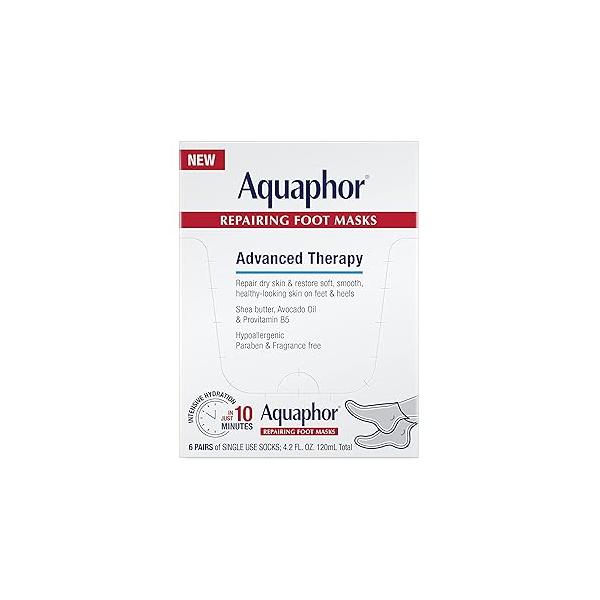Aquaphor Repairing Foot Masks, Moisturizing Socks for Dry Feet, Hydrating Care Treatment with Avocado Oil and Shea Butter, Pack of 6