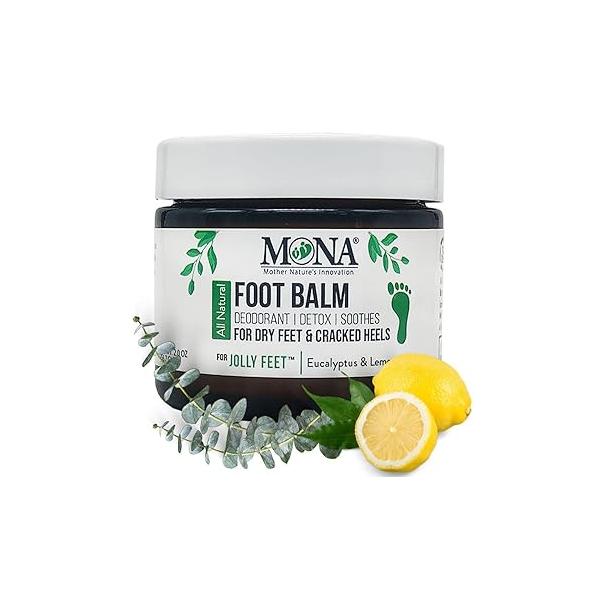 MONA Natural Foot Balm for Dry Cracked Feet & Heels | Moisturizing Cream Athletes Callous Repair Odor Treatment (Eucalyptus Lemon, 2.0 Oz (Pack of 1))