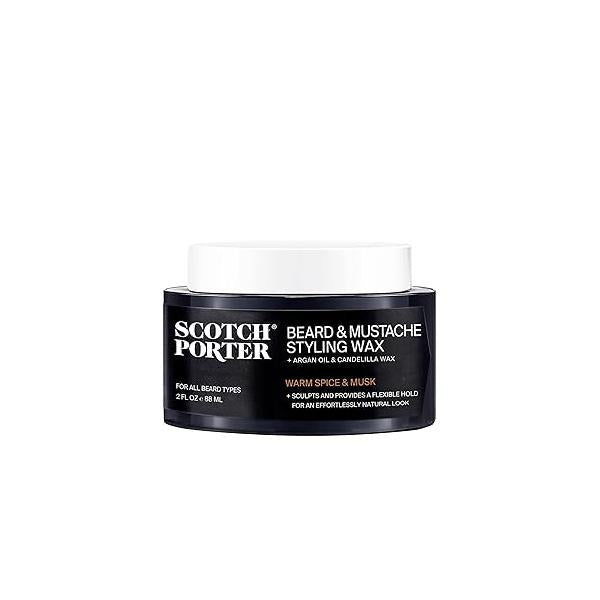 Scotch Porter Beard & Mustache Styling Wax - Medium, Flexible Hold Helps Shape, Style, Moisturize, Condition, Add Shine Promote Healthy Growth to Dull, Dry, Coarse Facial Hair 2 oz.