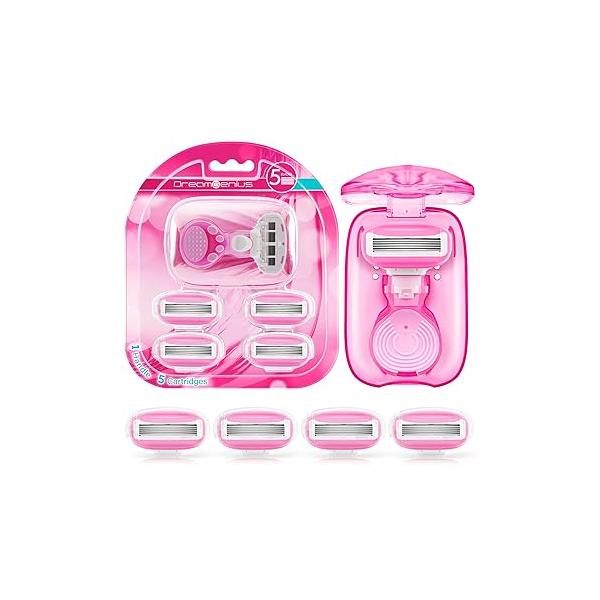 DreamGenius Travel Razors for Women Include 1 Handle and 5 Cartridges, Extra Smooth 5-Blade Essentials Razor with Case Shaving, Orange
