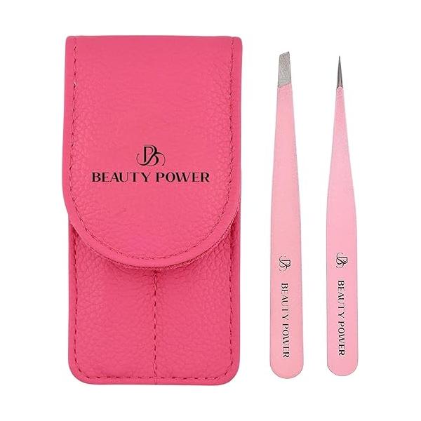 Precision Tweezers for Women Facial Hair & Men - Professional Set with Slant Point Tips, German Stainless Steel, PU Leather Travel Case, Lightweight Ultra Black