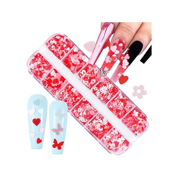 12 Grids Heart Nail Sequins Love Glitter Flakes 3D Art Supplies Holographic Laser Butterfly White Flower Designs Stickers for Valentine's Day Decorations