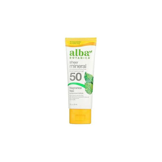 Alba Botanica Sheer Mineral Sunscreen Lotion, Broad Spectrum SPF 50, Fragrance Free, 3 fl oz (Packaging May Vary)