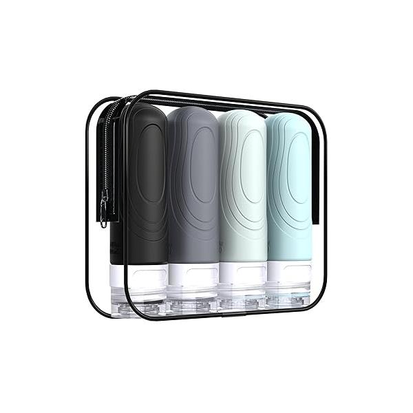 GLAMFIELDS Travel Bottles for Toiletries,TSA Approved 3oz size Leak Proof Silicone Containers Shampoo, Conditioner,Easy to Squeeze and Portable, Essentials Traveling (4 Pack) Black