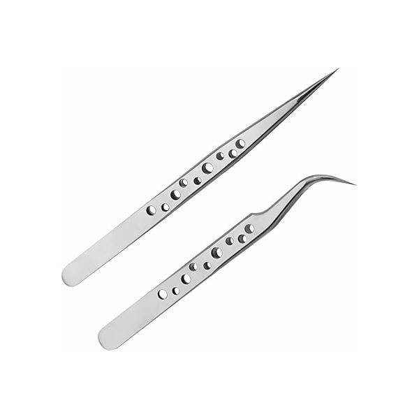 TAORANJU Eyelash Tweezers for Lash Extensions, 2 Pcs Straight and Curved Tip Nippers Stainless Steel Tweezers, Precision Craft Nail Art Rhinestone Gem Stickers