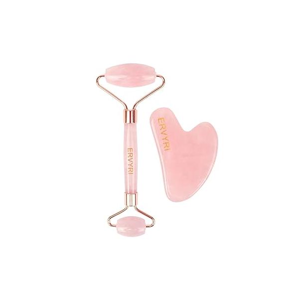 Jade Roller and Gua Sha Set - Rose Quartz Face Skin Care Facial Tools , Massager for Women, Relieve Stress, Remove Wrinkles Eye Puffiness-Pink