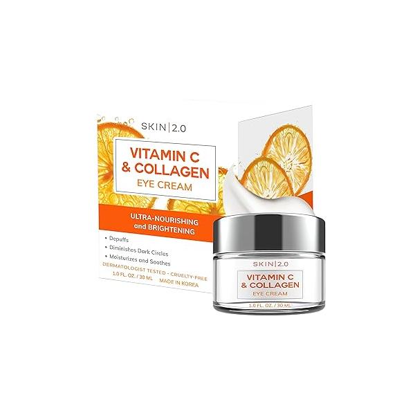 Vitamin C & Collagen Eye Cream - Dermatologist-Tested, Anti-Aging, Korean Skin Care, Brightens Dark Circles Firms Hydrating Nourishing Formula - 95% Natural, Vegan- 1.69 FL. Oz