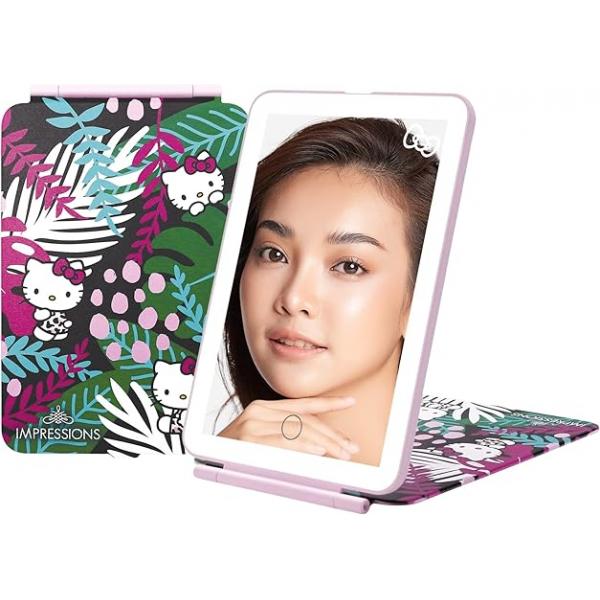 Impressions Vanity Hello Kitty Touch Pad Mini Tri-Tone Makeup Mirror with Animal Print Flip Cover and LED Strip, Travel Sensor Switch USB Extension (Animal Pink)